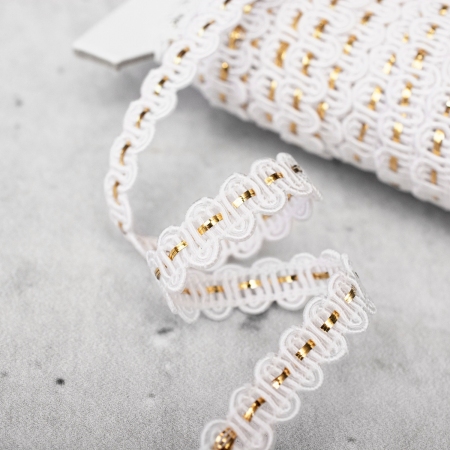 TAŚMA DEKORACYJNA PLECIONA BIAŁO-ZŁOTA (0,9 cm)