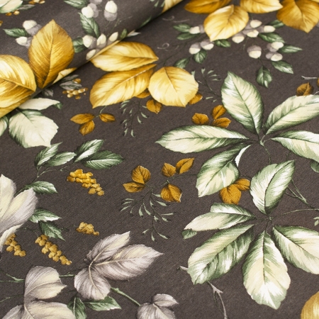 TKANINA DEKORACYJNA BAWEŁNIANA ZŁOCISTE LIŚCIE