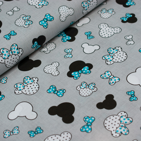 PŁÓTNO BAWEŁNIANE 160 MYSZKI Z TURKUSOWĄ KOKARDĄ