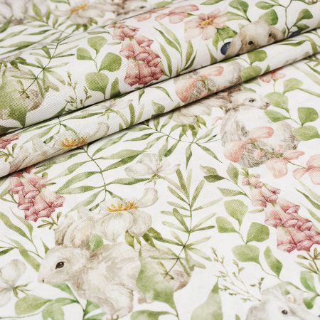 TKANINA DEKORACYJNA BAWEŁNIANA KRÓLIKI W OGRODZIE