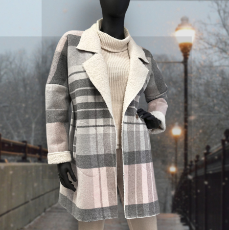 TKANINA PŁASZCZOWA KRATKA GRAFIT/RÓŻ